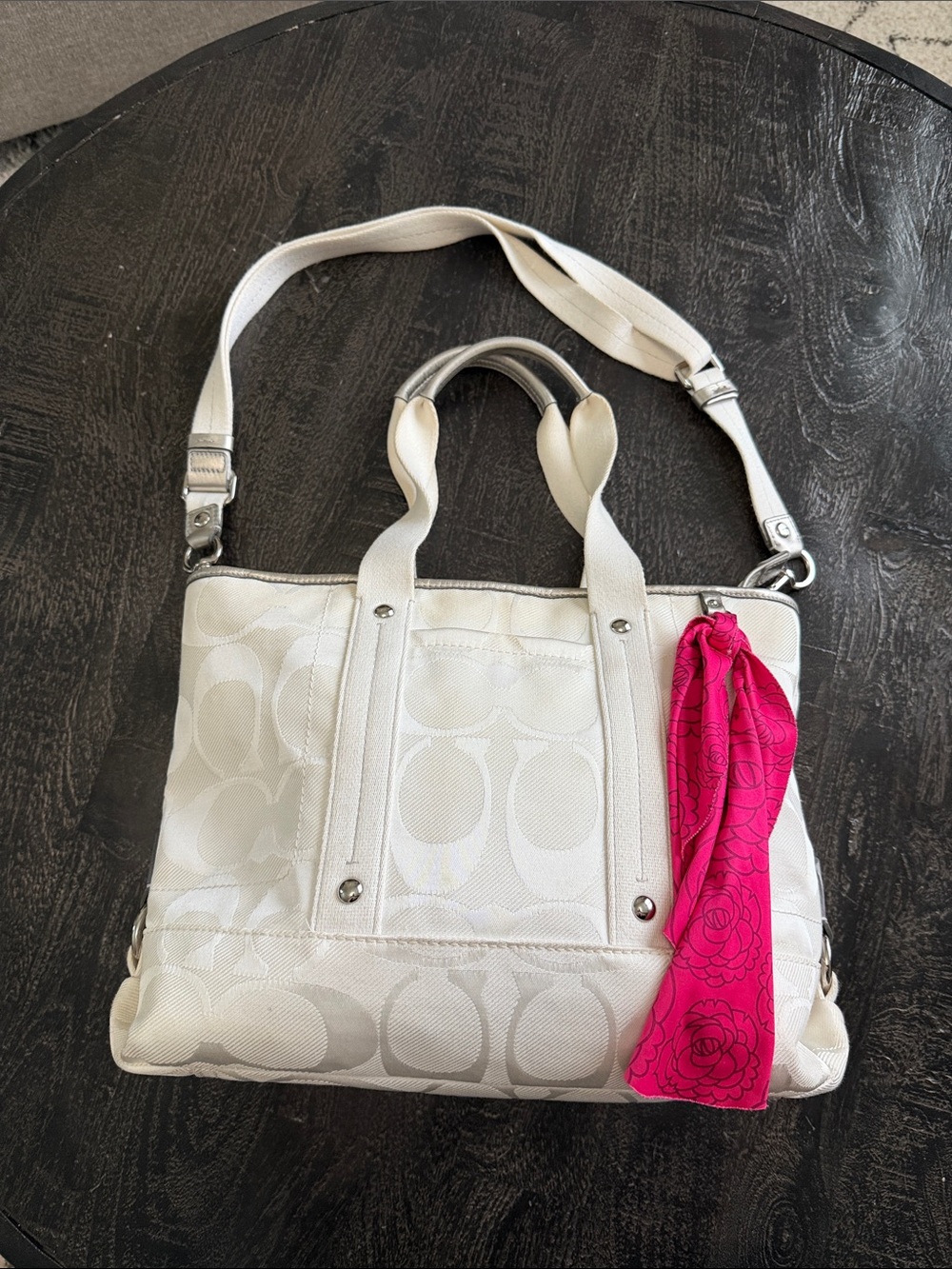 Coach Cream Signature Tote with Pink Scarf